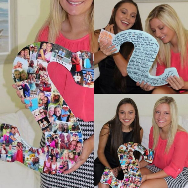 Wooden Letter Covered in Photos. This item can be used as a nice graduation present. It is very meaningful and sweet to give your best friend pictures of you being together in good times as a special keepsake. 
