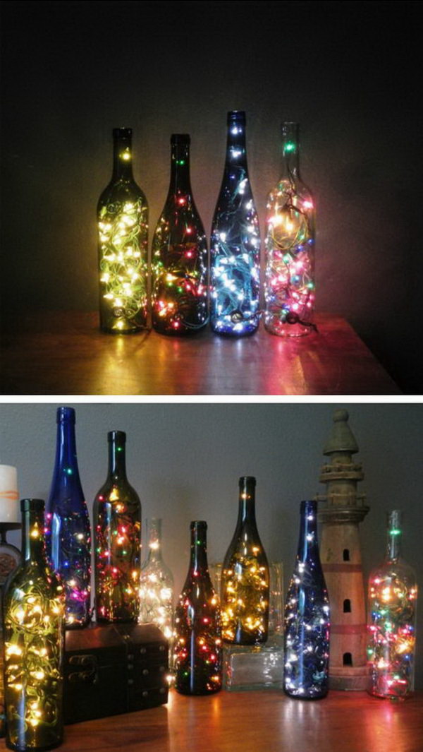 Table Centerpiece Made with Wine Bottles and String Lights. 