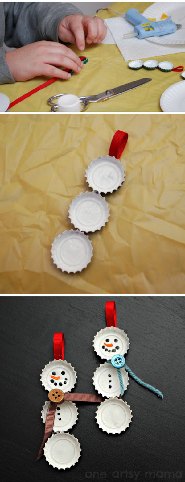 Bottle Cap Snowman Ornaments. 