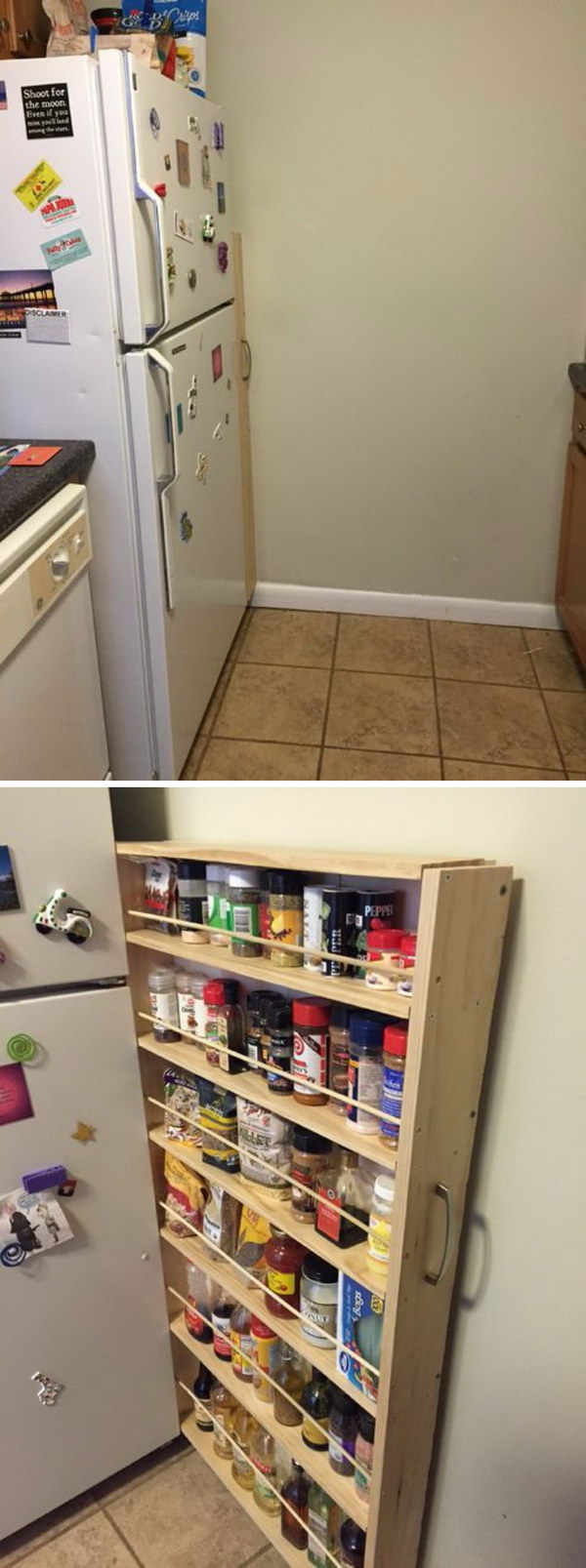 Hidden Fridge Gap Slide-Out Pantry. 