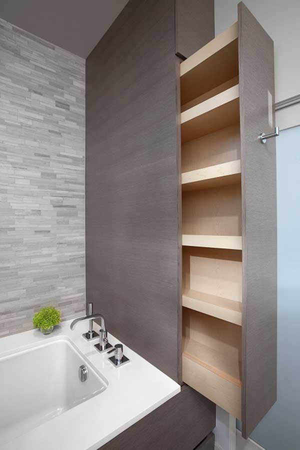 Hidden Slide-out Pantry In the Bathroom. 