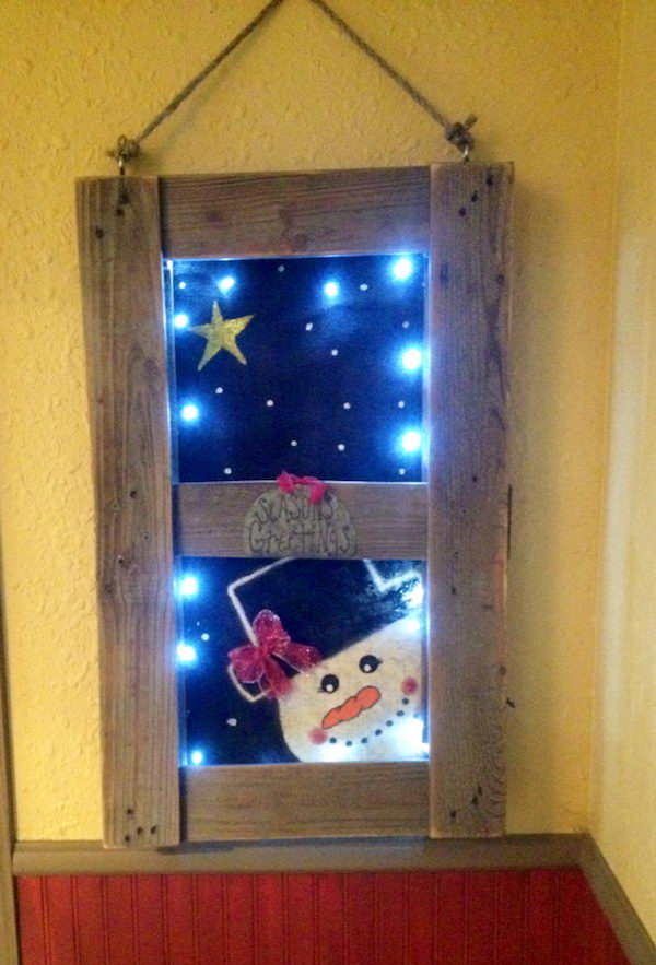 DIY Wood Pallet Snowman Scene Like a Real Window. 