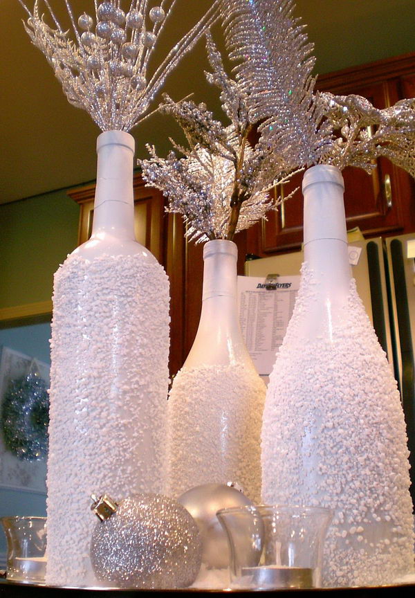 Cover Wine Bottles With Glue And Roll In Epsom Salts For The Snow Effect. 