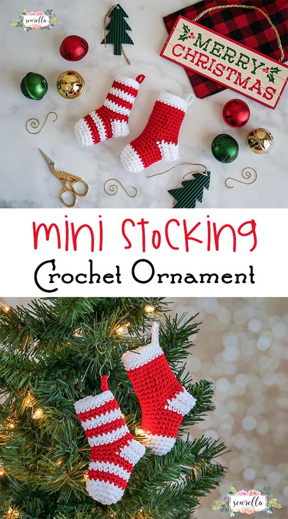 Mini Christmas Stocking Crochet Ornament. 