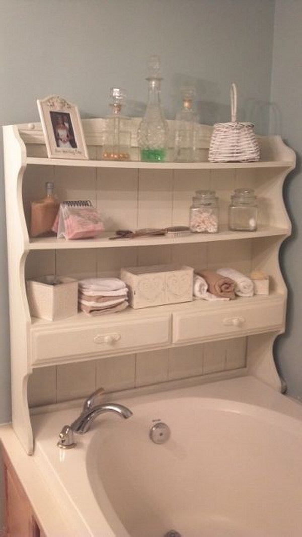 Top of An Old Hutch Painted and Upcycled Into Shelves For The Bath. 