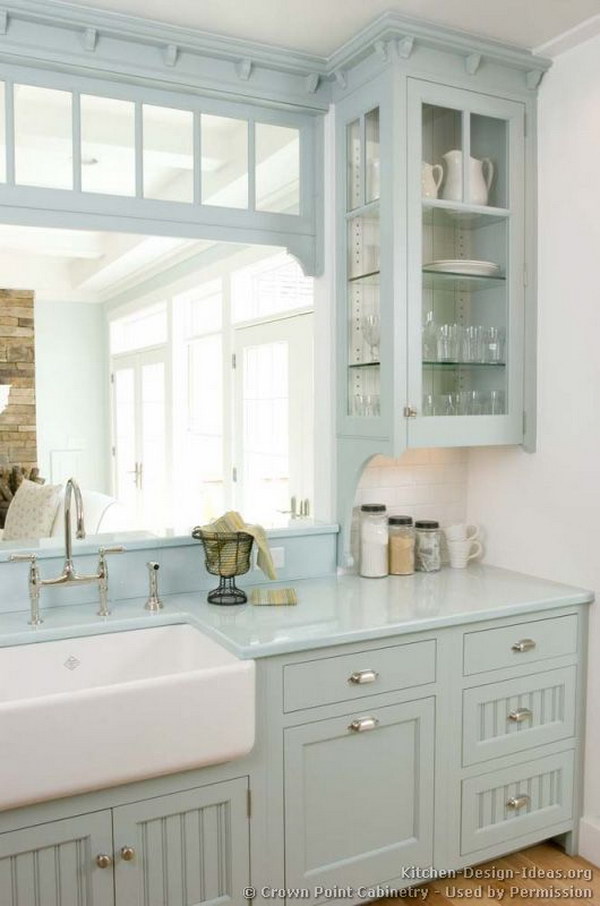 Ice Blue Kitchen Cabinets With Farm Sink. 