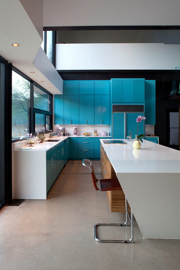 Custom-painted Turquoise Cabinets. 