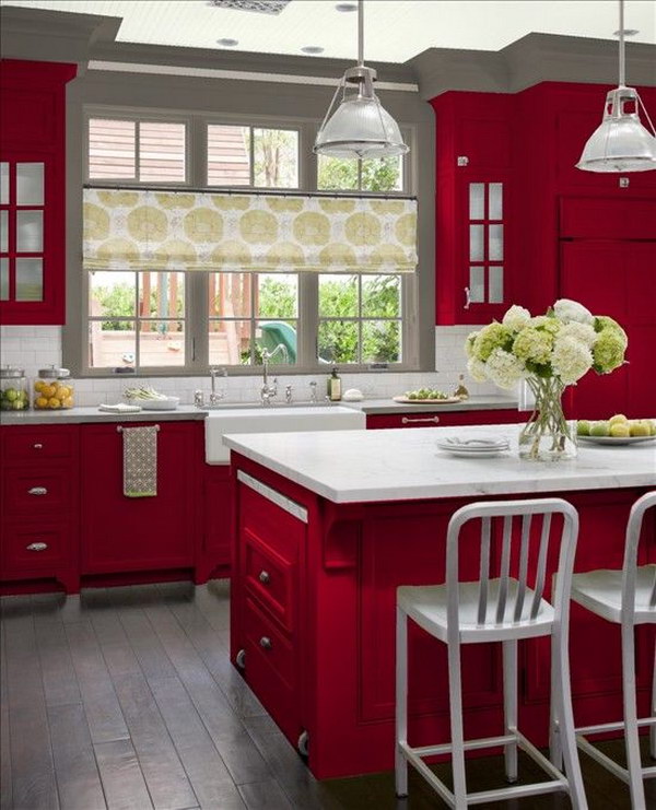 Green Kitchen Cabinets White Countertops red cabinets paired with white countertops and gray walls