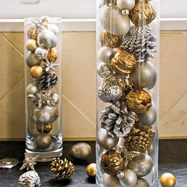 Silver and Gold Pinecones and Ornaments in Cylinders for Centerpiece 