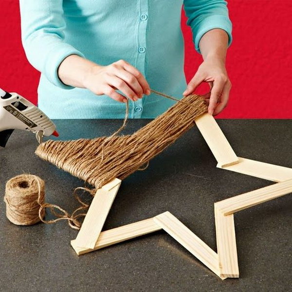 Wrap Jute Around A Wooden Star For Rustic Christmas Decoration. 