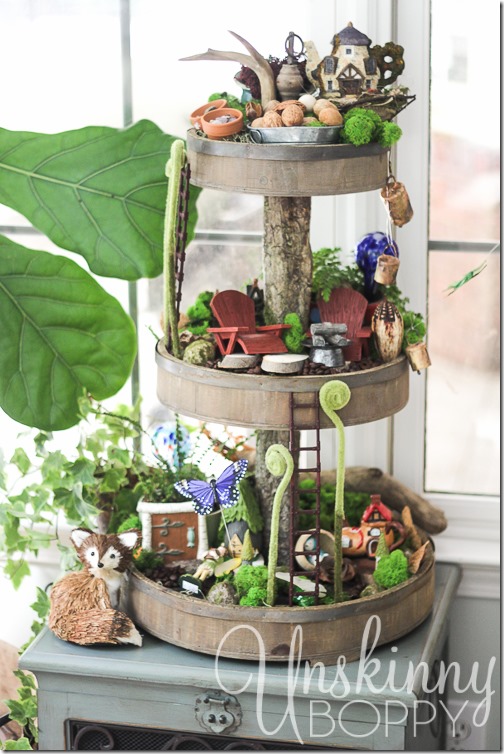 DIY Fairy Garden in a Rustic Wooden Tiered Tray. 