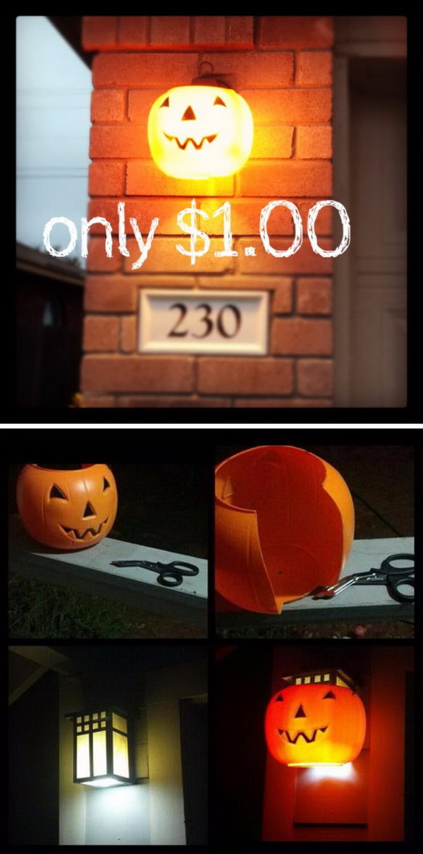 $1.00 Plastic Pumpkins Recycled As Outdoor Halloween Lights. 